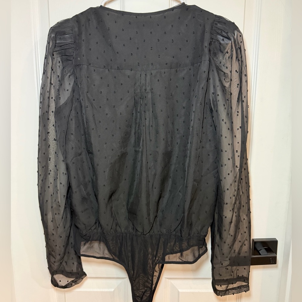 Lulus Black Swiss Dot Sheer Long Sleeve Deep V Bodysuit Dainty Dots size M - Picture 7 of 7